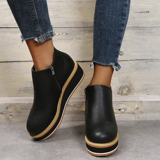 Damen Stiefeletten – Plattformsohle – Seitlicher Reißverschluss – Rundzehenform