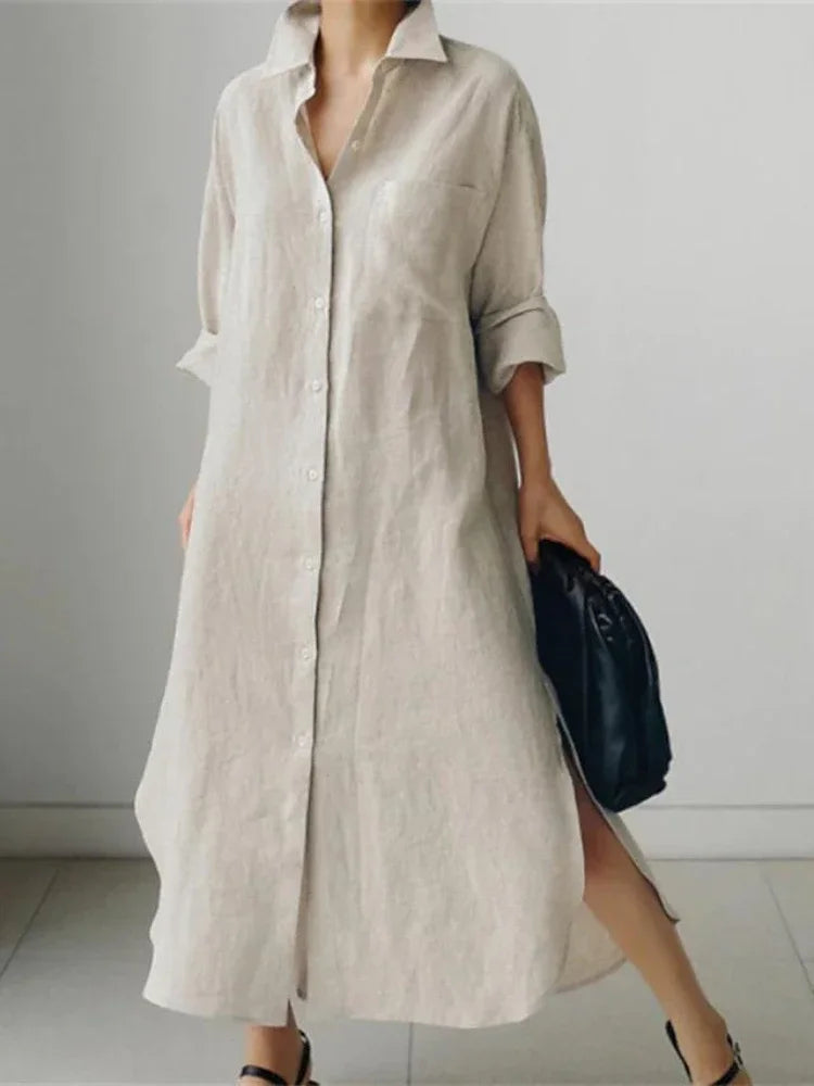 Damen Shirtkleid – Lockerer Schnitt – Knopfleiste – Langarm – Seitenschlitze