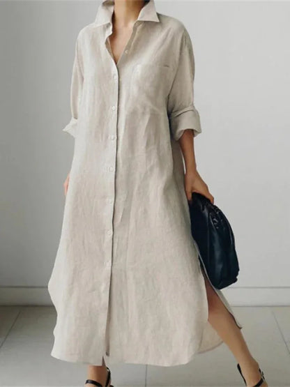 Damen Shirtkleid – Lockerer Schnitt – Knopfleiste – Langarm – Seitenschlitze