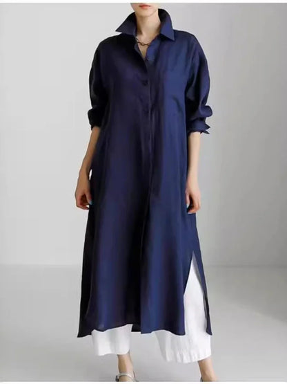 Damen Shirtkleid – Lockerer Schnitt – Knopfleiste – Langarm – Seitenschlitze