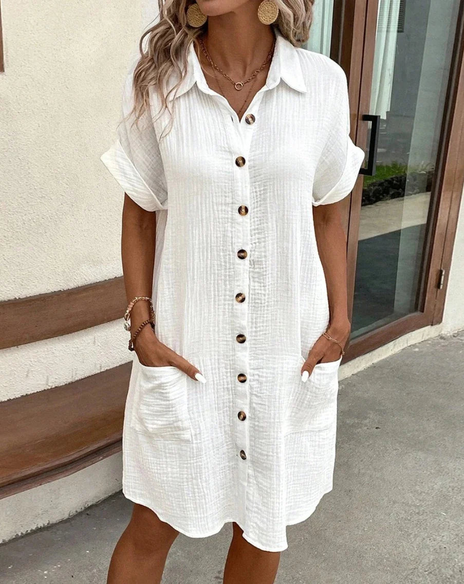 Damen Mini Kleid – Naturfasern – Lockere Passform – V-Ausschnitt – 3/4 Ärmel – Knopfleiste – Seitentaschen