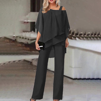 Damen Zweiteiler Set – Fließender Schnitt – Cold Shoulder Top – Weite Hose – Luftiges Gewebe