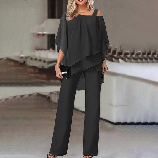Damen Zweiteiler Set – Fließender Schnitt – Cold Shoulder Top – Weite Hose – Luftiges Gewebe