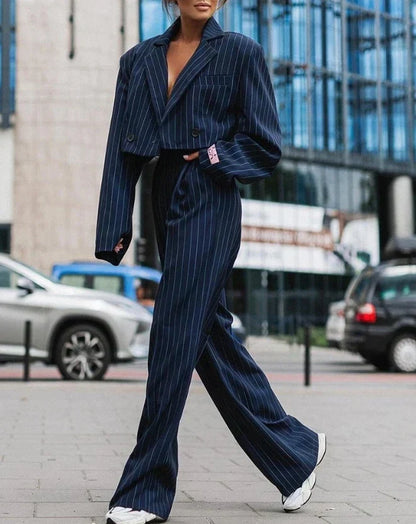 Damen Anzug Set – Taillierter Blazer – High Waist Hose – Weites Bein – Strukturstoff