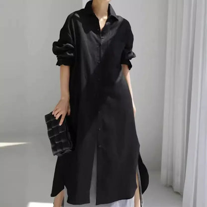 Damen Shirtkleid – Lockerer Schnitt – Knopfleiste – Langarm – Seitenschlitze