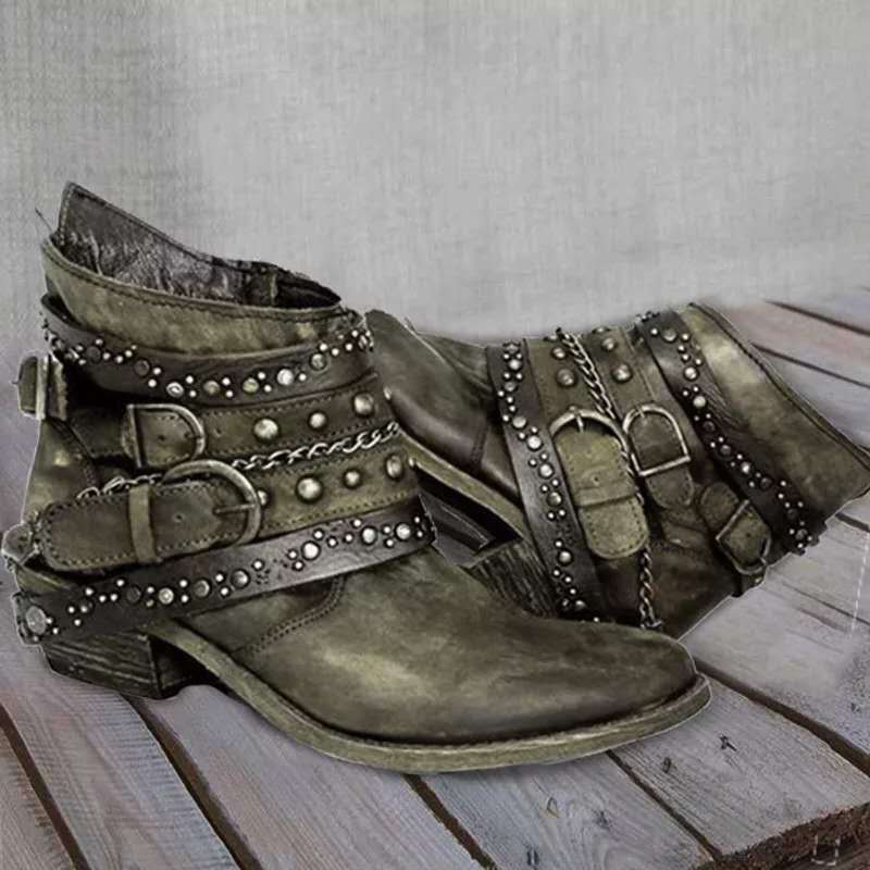 Damen Stiefeletten – Lederoptik – Nietenriemen – Schnallen – Niedriger Absatz