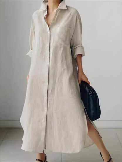 Damen Shirtkleid – Lockerer Schnitt – Knopfleiste – Langarm – Seitenschlitze