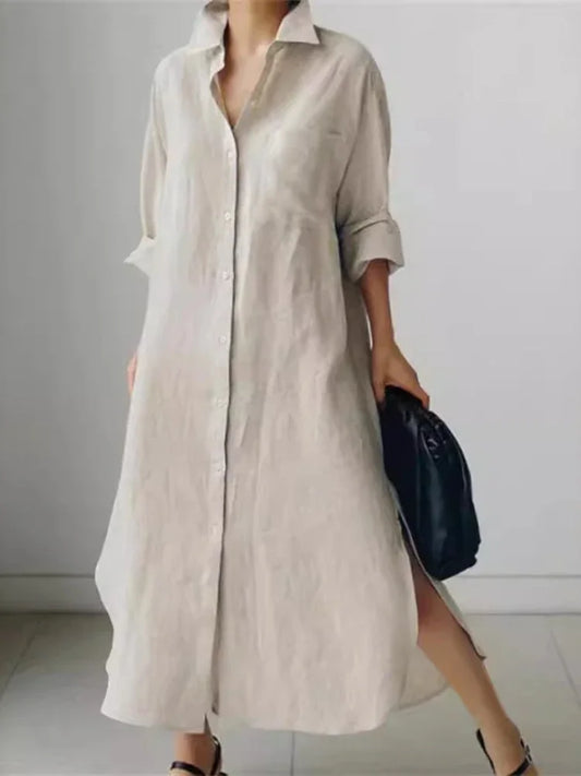 Damen Shirtkleid – Lockerer Schnitt – Knopfleiste – Langarm – Seitenschlitze