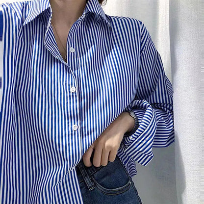 Damen Bluse – Oversized Fit – Vertikale Streifen – Atmungsaktive Mischung – Langarm