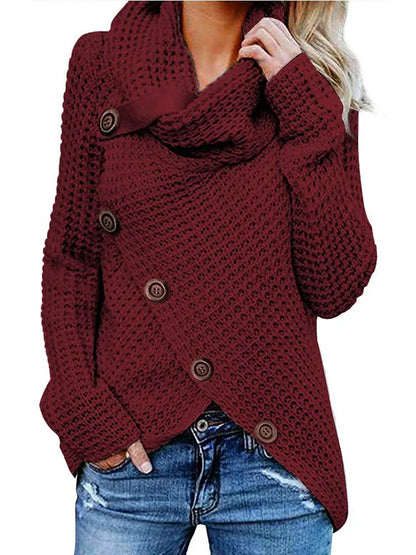 Damen Strickpullover – Lockerer Schnitt – Waffelstruktur – Cowlkragen – Zierknöpfe