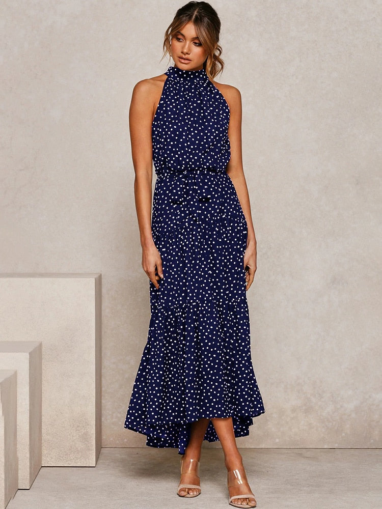 Damen Midikleid – Halter Ausschnitt – Punktemuster – Taillengürtel – Fließend