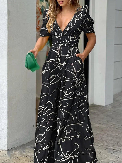 Damen Maxikleid – Florales Muster – V-Ausschnitt – Kurzarm mit Puffärmeln – Eleganter Schnitt