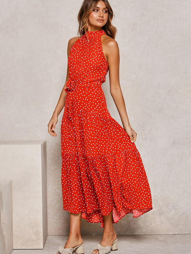 Damen Midikleid – Halter Ausschnitt – Punktemuster – Taillengürtel – Fließend