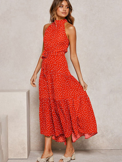 Damen Midikleid – Halter Ausschnitt – Punktemuster – Taillengürtel – Fließend