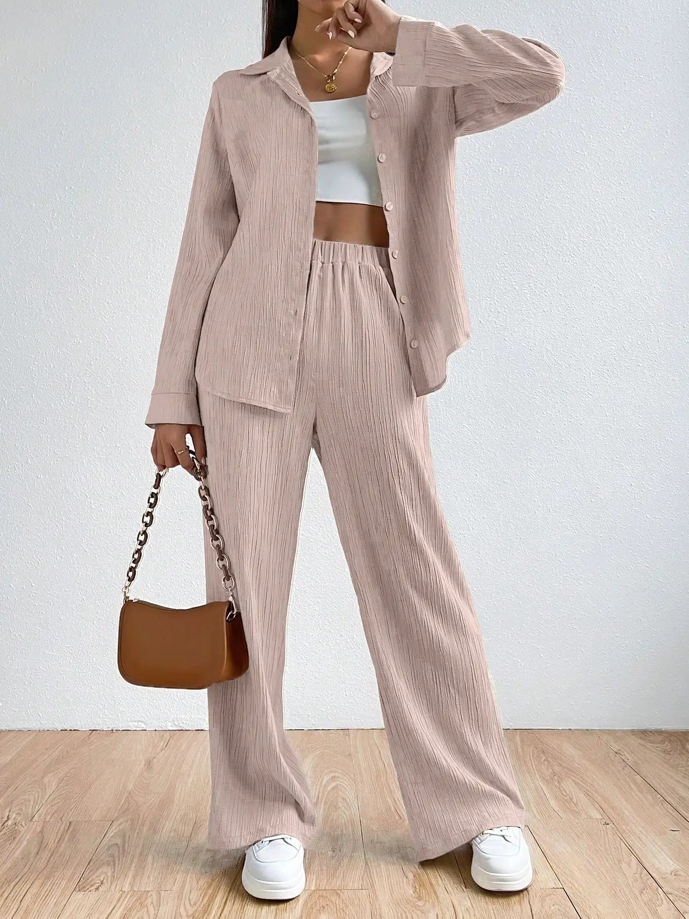 Damen Anzugset – Lockerer Schnitt – Langarm Bluse mit Knöpfen – Gerade Hose – Atmungsaktive Mischung