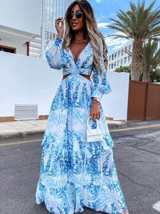 Damen Maxikleid – Fließender Schnitt – V-Ausschnitt – Taillenausschnitte – Lange Puffärmel