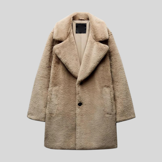 Damen Mantel – Oversize Passform – Plüschimitat – Lang – Weiter Reverskragen