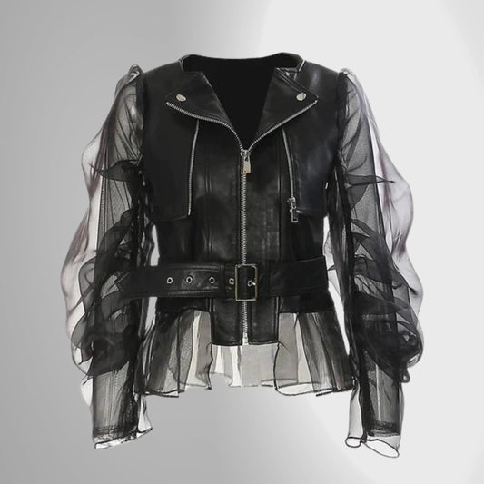 Damen Lederjacke – Taillierter Schnitt – Puffärmel aus Mesh – Gürtel und Reißverschluss