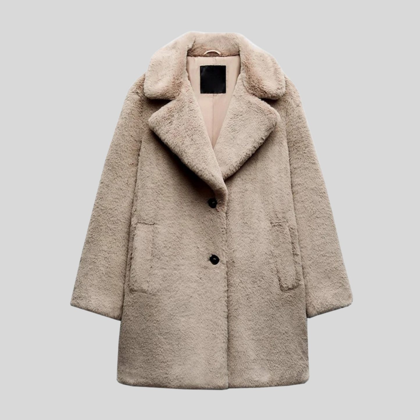 Damen Mantel – Oversize Passform – Plüschimitat – Lang – Weiter Reverskragen