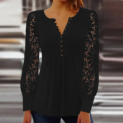 Damen Bluse – Relaxed Fit – Soft Knit – Lange Spitzenärmel – V-Ausschnitt mit Spitze