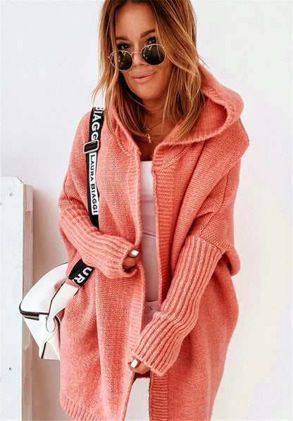 Damen Strickcardigan – Oversize Passform – Wollmix – Kapuze – Offene Front – Langform