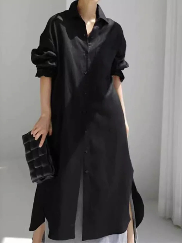 Damen Shirtkleid – Lockerer Schnitt – Knopfleiste – Langarm – Seitenschlitze