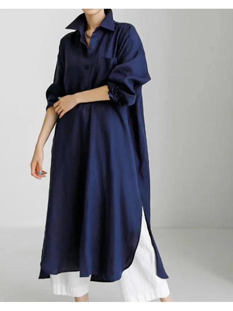 Damen Shirtkleid – Lockerer Schnitt – Knopfleiste – Langarm – Seitenschlitze