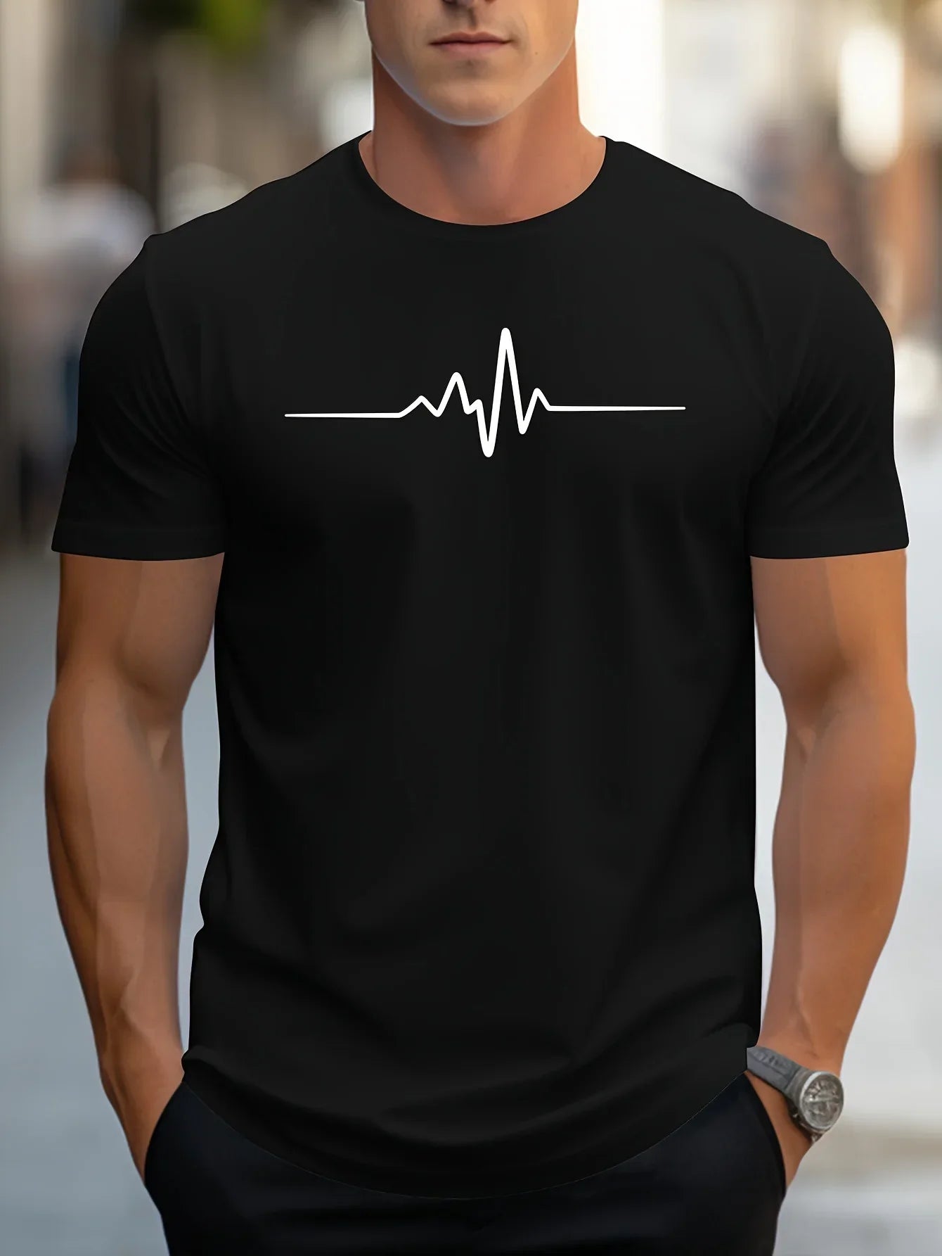 Herren T-Shirt – Slim Fit – Soft Knit – Rundhals – Kurzarm – Herzschlag Grafik