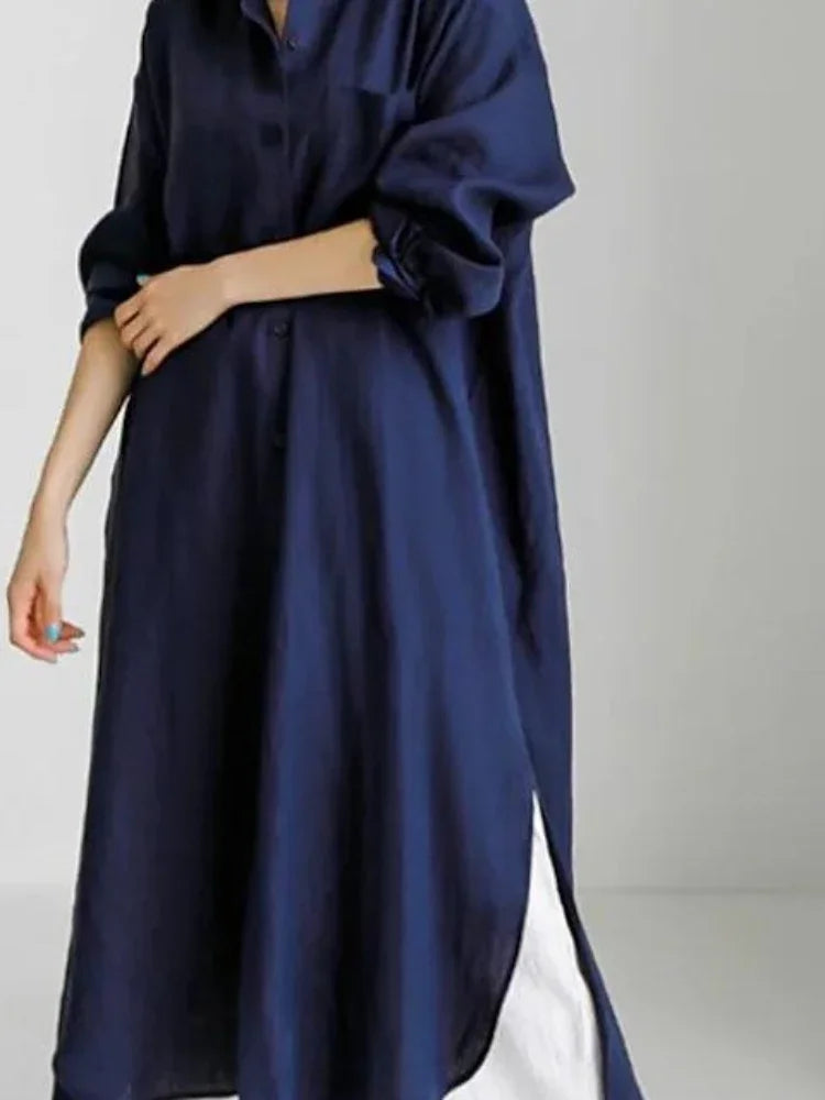 Damen Shirtkleid – Lockerer Schnitt – Knopfleiste – Langarm – Seitenschlitze