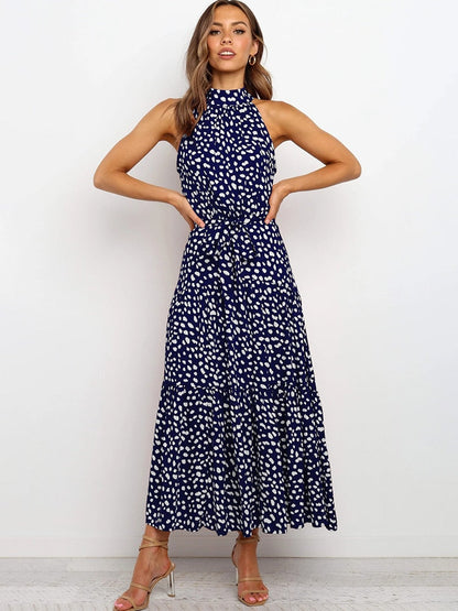 Damen Midikleid – Halter Ausschnitt – Punktemuster – Taillengürtel – Fließend