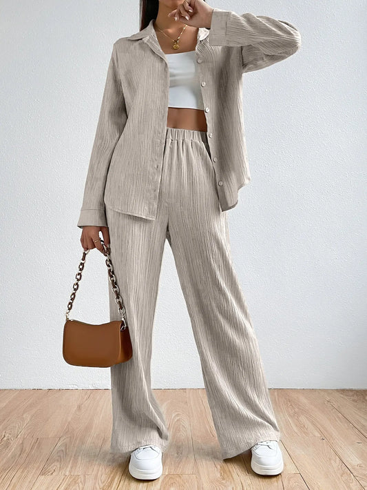 Damen Anzugset – Lockerer Schnitt – Langarm Bluse mit Knöpfen – Gerade Hose – Atmungsaktive Mischung