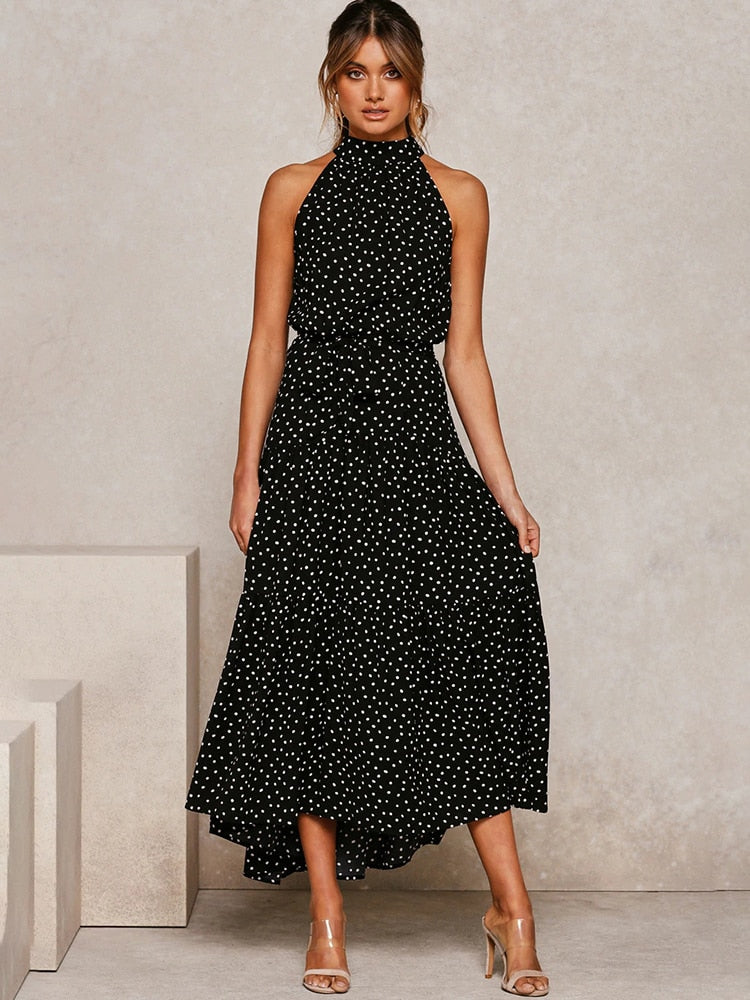 Damen Midikleid – Halter Ausschnitt – Punktemuster – Taillengürtel – Fließend