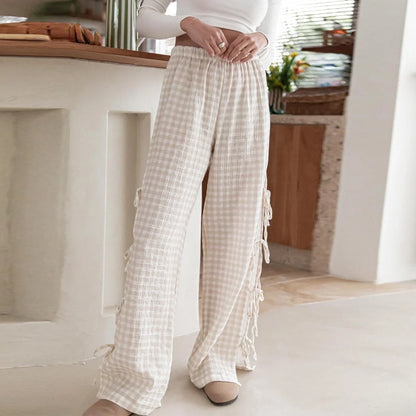 Damen Weite Hose – Relaxed Fit – Ganzlang – Kariert – Elastischer Bund – Seitliche Bänder