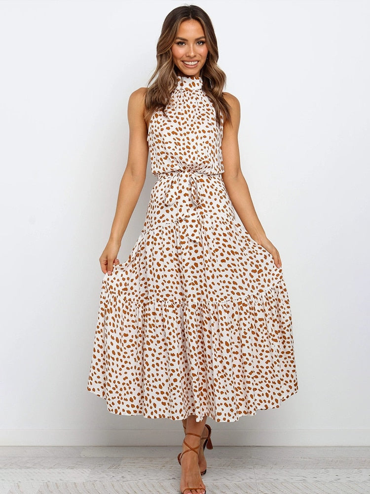 Damen Midikleid – Halter Ausschnitt – Punktemuster – Taillengürtel – Fließend