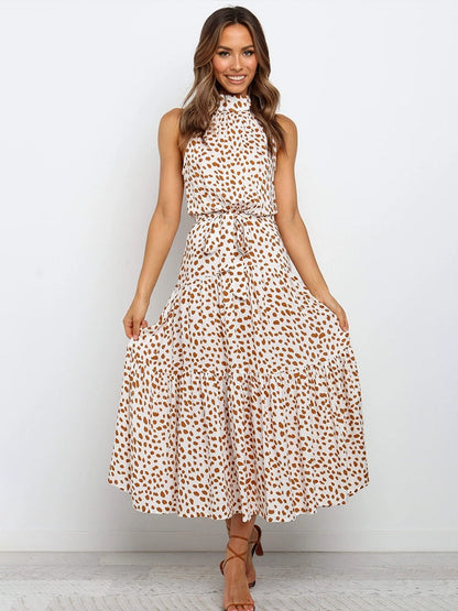 Damen Midikleid – Halter Ausschnitt – Punktemuster – Taillengürtel – Fließend