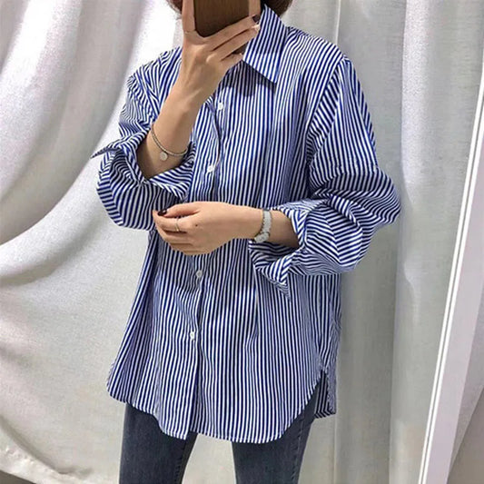 Damen Bluse – Oversized Fit – Vertikale Streifen – Atmungsaktive Mischung – Langarm
