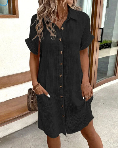 Damen Mini Kleid – Naturfasern – Lockere Passform – V-Ausschnitt – 3/4 Ärmel – Knopfleiste – Seitentaschen