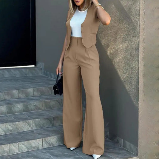 Damen Anzug Set – Taillierte Weste ohne Ärmel – Weit geschnittene High Waist Hose – Luxusstoff