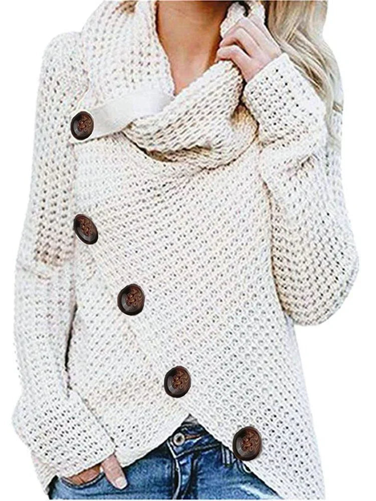 Damen Strickpullover – Lockerer Schnitt – Waffelstruktur – Cowlkragen – Zierknöpfe