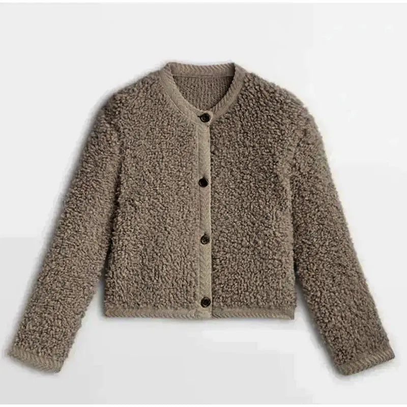 Damen Jacke – Oversized Schnitt – Flauschiges Teddy-Gewebe – Kragenlos mit Knöpfen