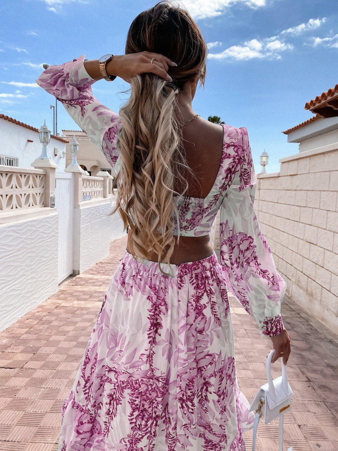 Damen Maxikleid – Fließender Schnitt – V-Ausschnitt – Taillenausschnitte – Lange Puffärmel