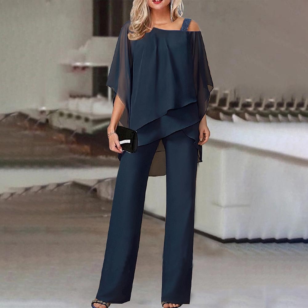 Damen Zweiteiler Set – Fließender Schnitt – Cold Shoulder Top – Weite Hose – Luftiges Gewebe