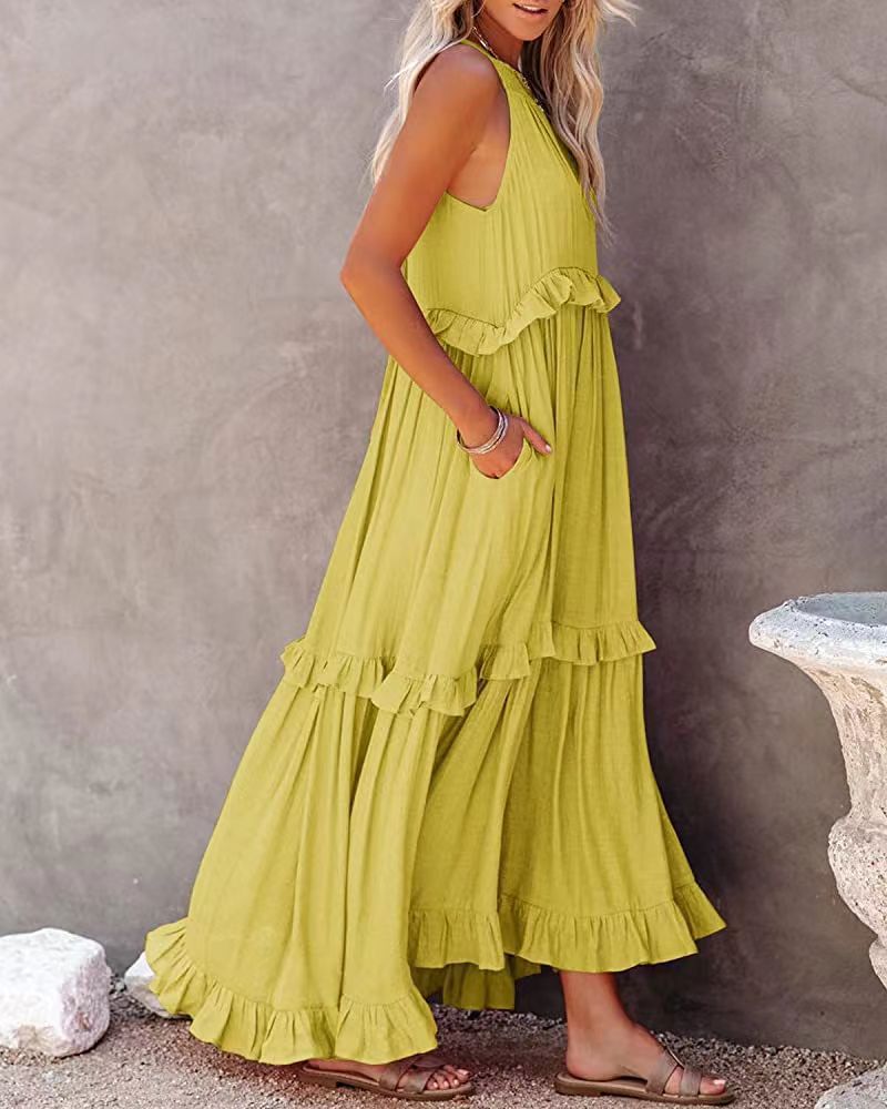 Damen Maxikleid – Lockere Passform – Ärmellos mit Neckholder – Natürliche Fasern