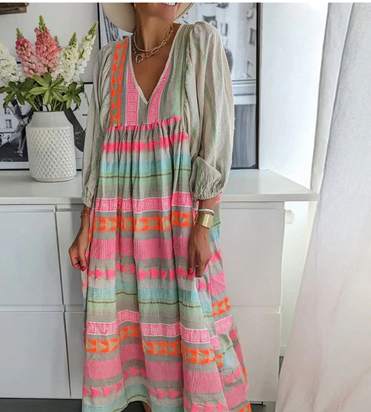 Damen Maxikleid – Lockerer Schnitt – V-Ausschnitt – Boho Muster – Atmungsaktive Mischung