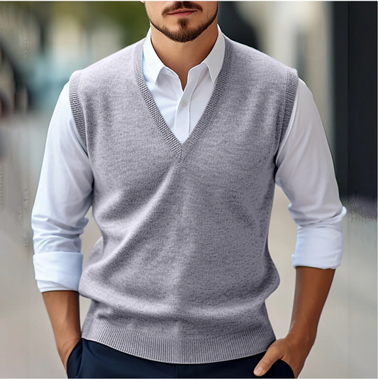Herren Pullunder – Klassischer Schnitt – V-Ausschnitt – Feinstrick – Rippdetails