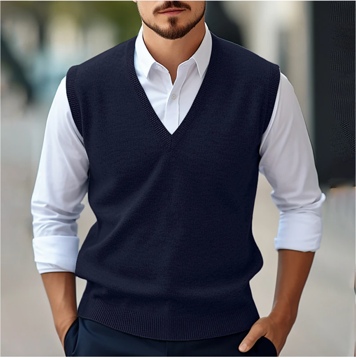 Herren Pullunder – Klassischer Schnitt – V-Ausschnitt – Feinstrick – Rippdetails