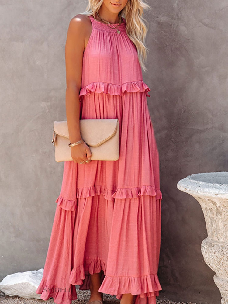 Damen Maxikleid – Lockere Passform – Ärmellos mit Neckholder – Natürliche Fasern