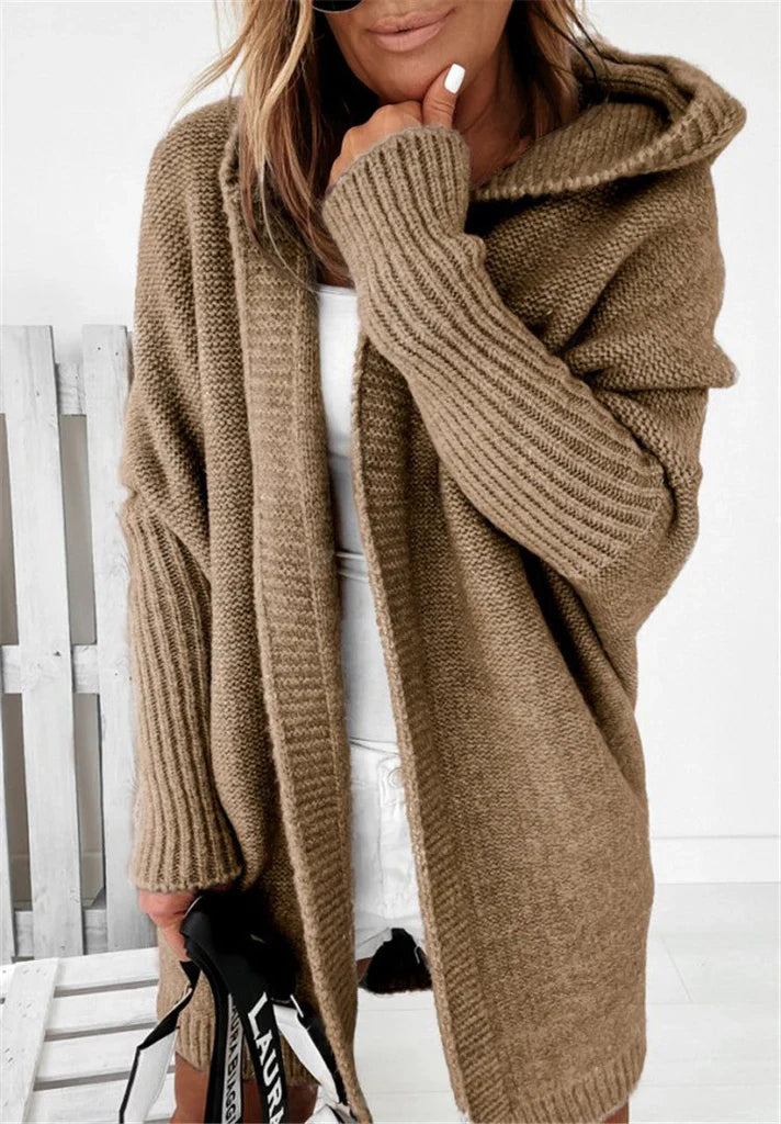 Damen Strickcardigan – Oversize Passform – Wollmix – Kapuze – Offene Front – Langform