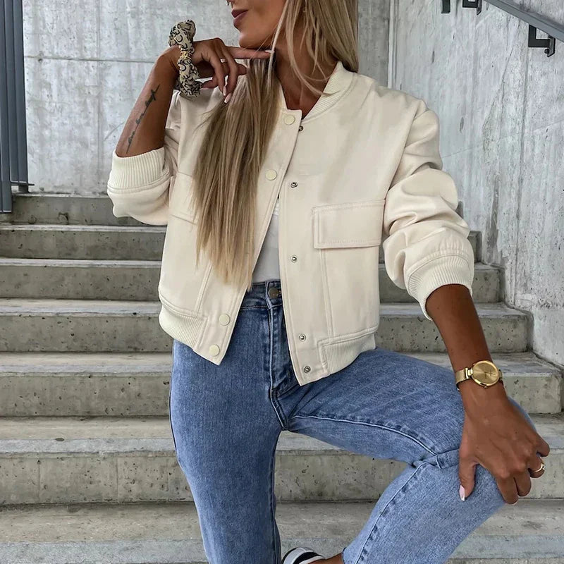 Damen Freizeitjacke – Relaxed Fit – Natürliche Fasern – Knopfverschluss – Brusttaschen