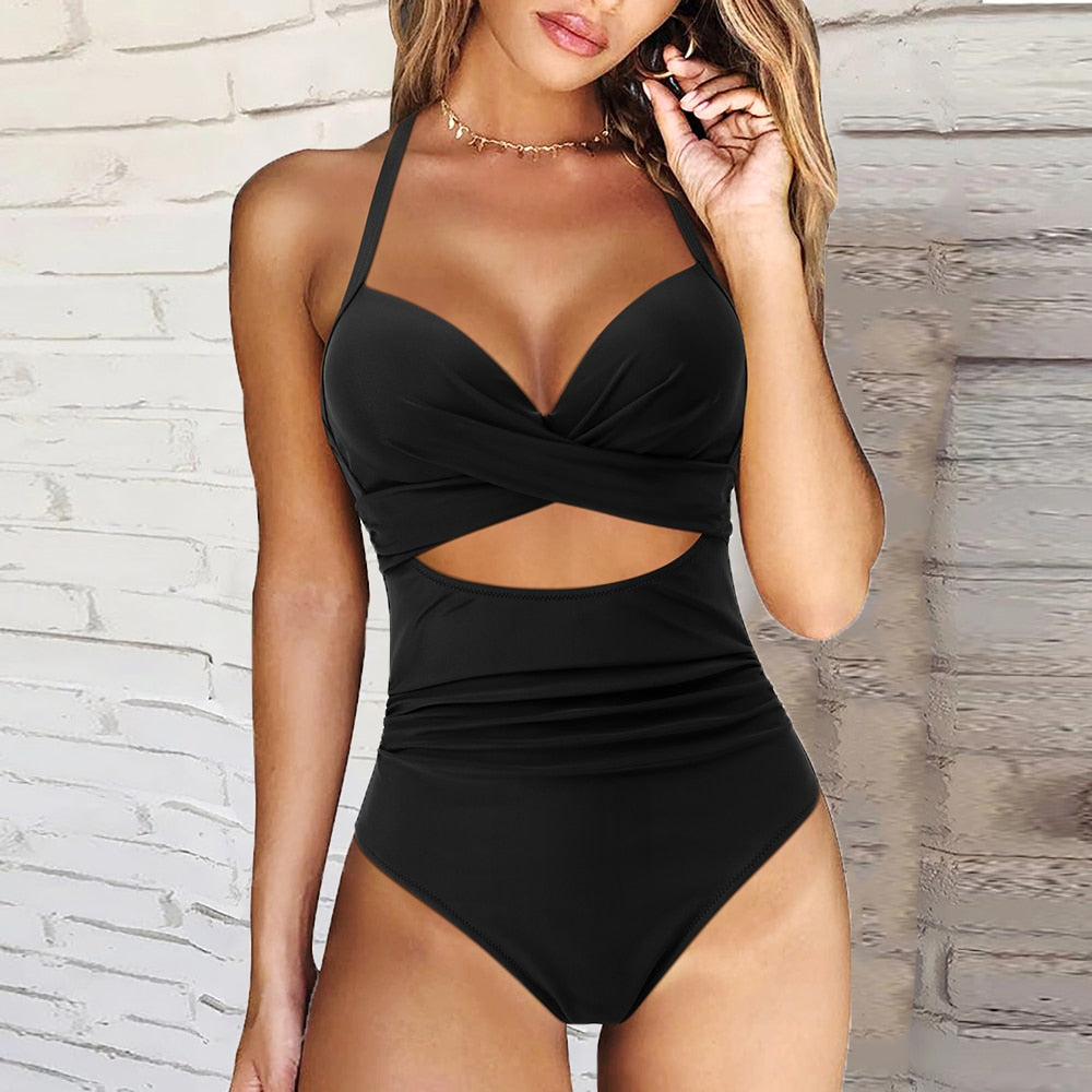 Damen Badeanzug – Figurbetont – Push-Up – Halterneck – Cut-Out – Hohe Taille